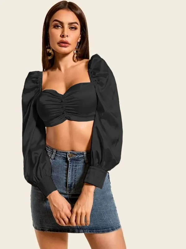 Silk Ruched Puff Sleeve Crop Top( CLEARANCE SALE