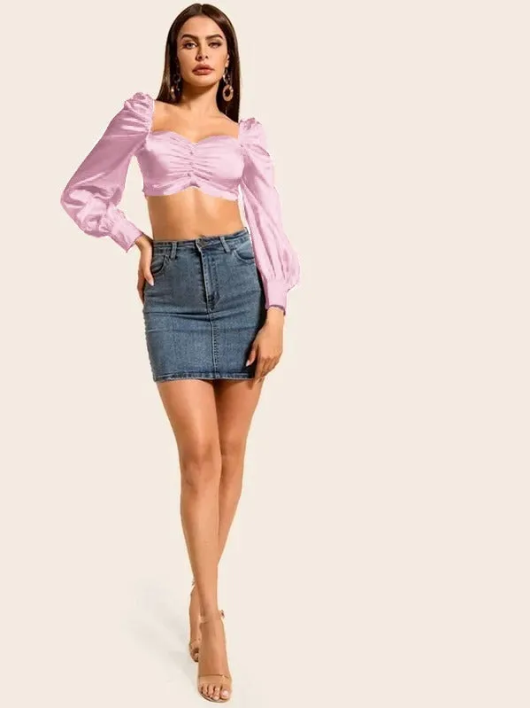 Silk Ruched Puff Sleeve Crop Top( CLEARANCE SALE