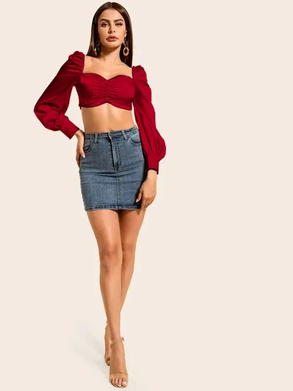 Silk Ruched Puff Sleeve Crop Top( CLEARANCE SALE