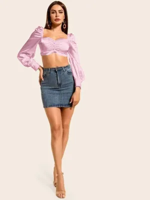 Silk Ruched Puff Sleeve Crop Top( CLEARANCE SALE