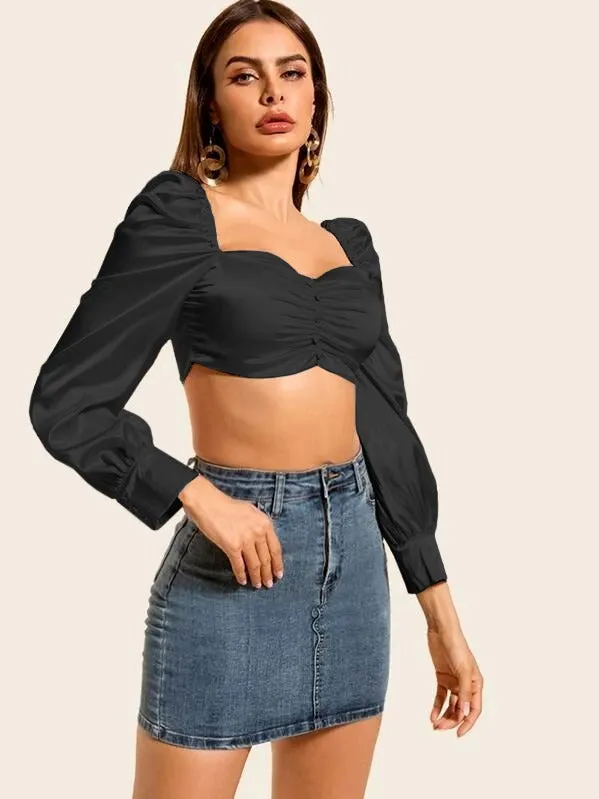 Silk Ruched Puff Sleeve Crop Top( CLEARANCE SALE