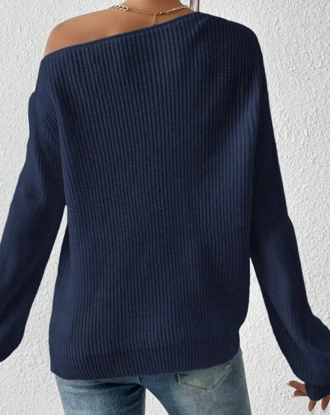 Solid Ribbed Knit Asymmetrical Shoulder Sweater,Long Sleeve Tops