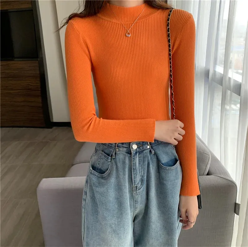 Spring Winter Women Classic Knitted Pullovers Slim Sweater Elasticity Casual Jumper Fashion Turtleneck Female Pull Base Clothes