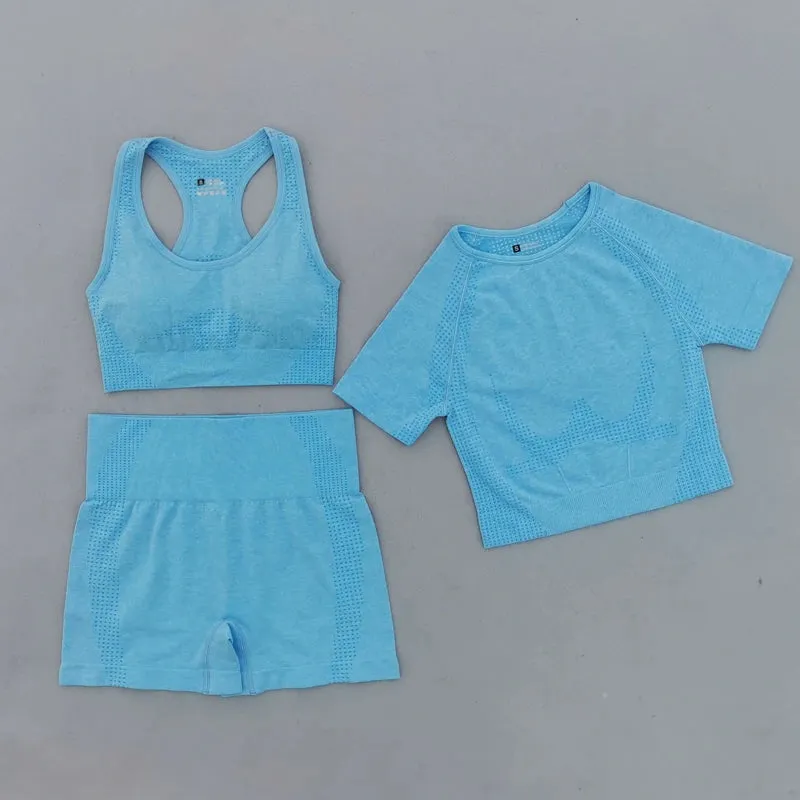 Summer Seamless Yoga Set for Women - Short Sleeve Crop Top, Sport Bra, and High Waist Leggings