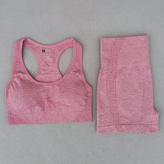 Summer Seamless Yoga Set for Women - Short Sleeve Crop Top, Sport Bra, and High Waist Leggings