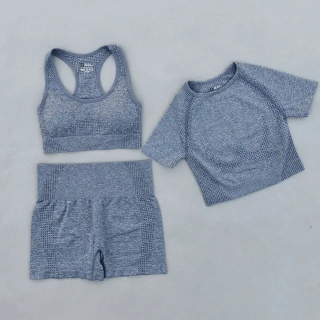 Summer Seamless Yoga Set for Women - Short Sleeve Crop Top, Sport Bra, and High Waist Leggings