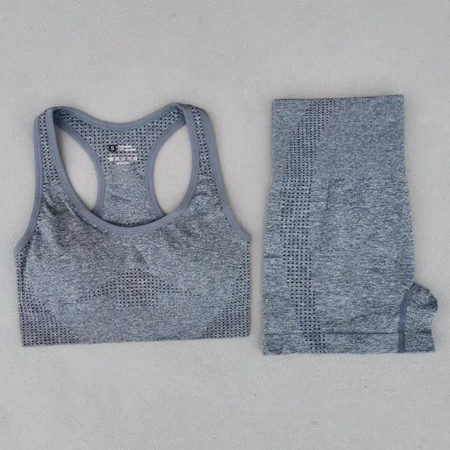 Summer Seamless Yoga Set for Women - Short Sleeve Crop Top, Sport Bra, and High Waist Leggings