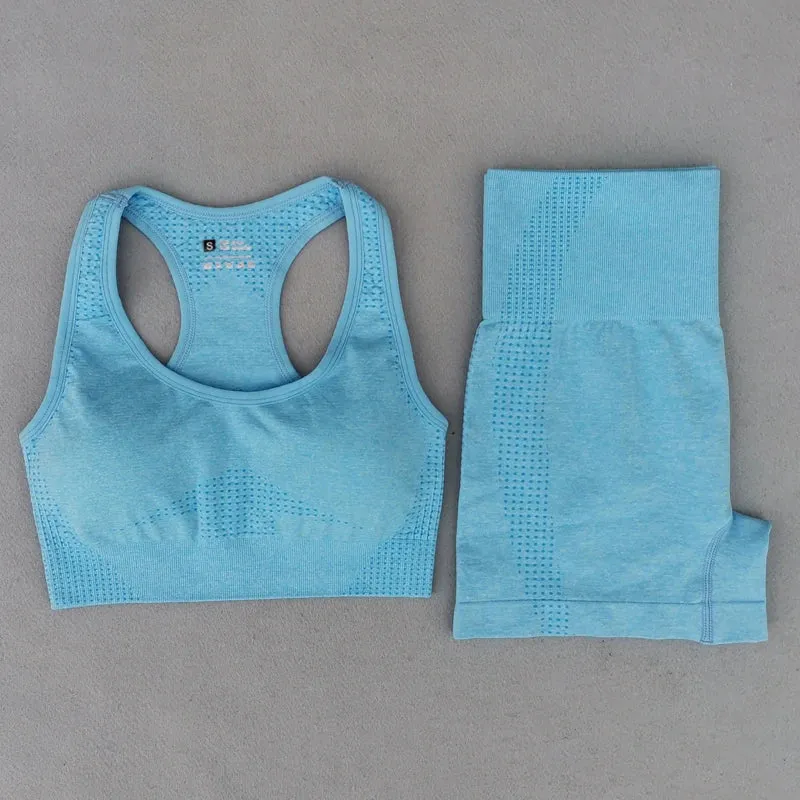 Summer Seamless Yoga Set for Women - Short Sleeve Crop Top, Sport Bra, and High Waist Leggings