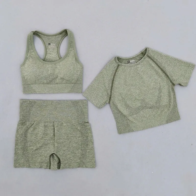 Summer Seamless Yoga Set for Women - Short Sleeve Crop Top, Sport Bra, and High Waist Leggings