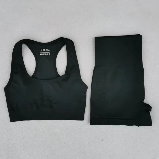 Summer Seamless Yoga Set for Women - Short Sleeve Crop Top, Sport Bra, and High Waist Leggings