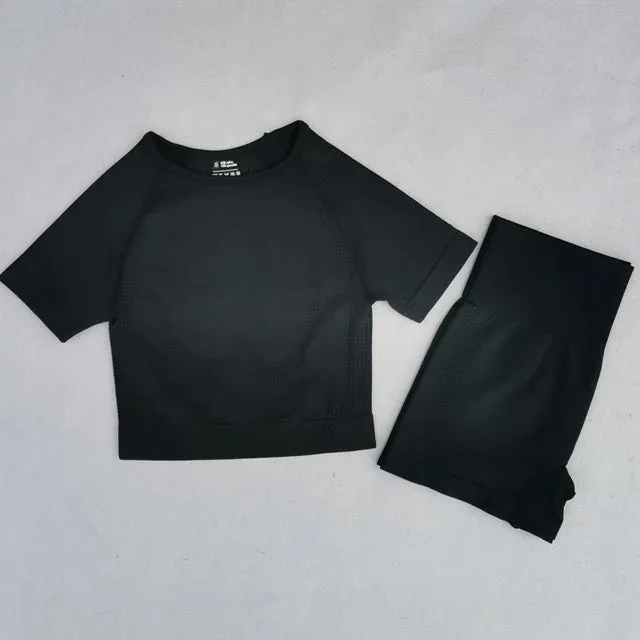 Summer Seamless Yoga Set for Women - Short Sleeve Crop Top, Sport Bra, and High Waist Leggings