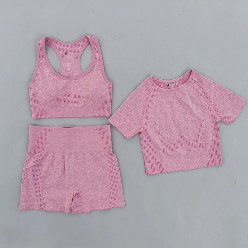 Summer Seamless Yoga Set for Women - Short Sleeve Crop Top, Sport Bra, and High Waist Leggings