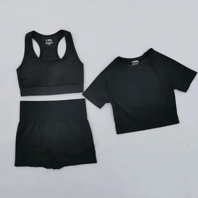 Summer Seamless Yoga Set for Women - Short Sleeve Crop Top, Sport Bra, and High Waist Leggings