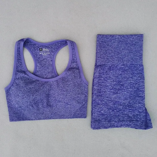 Summer Seamless Yoga Set for Women - Short Sleeve Crop Top, Sport Bra, and High Waist Leggings