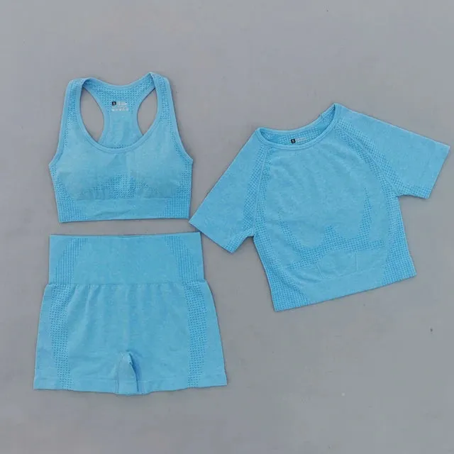 Summer Seamless Yoga Set for Women - Short Sleeve Crop Top, Sport Bra, and High Waist Leggings