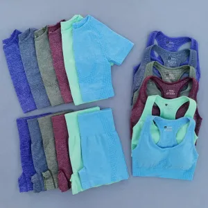 Summer Seamless Yoga Set for Women - Short Sleeve Crop Top, Sport Bra, and High Waist Leggings