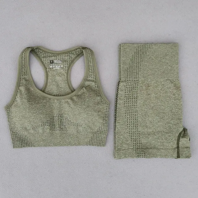Summer Seamless Yoga Set for Women - Short Sleeve Crop Top, Sport Bra, and High Waist Leggings