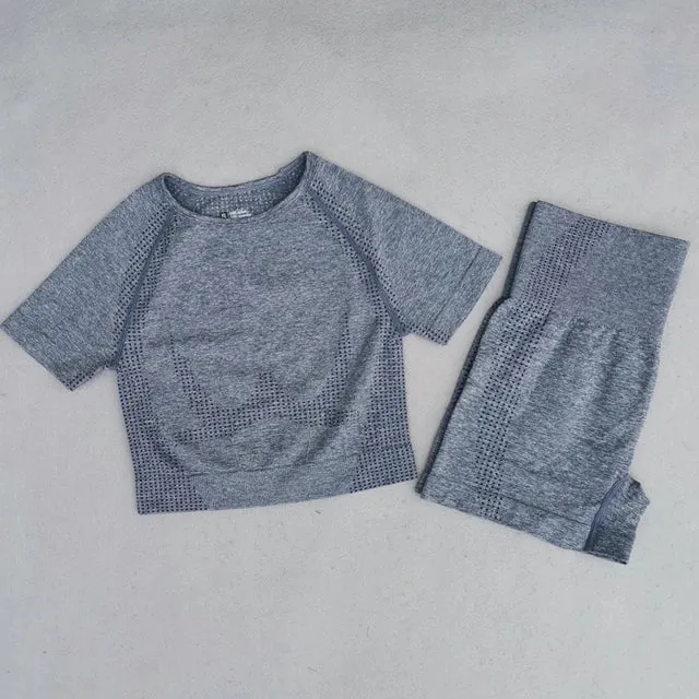 Summer Seamless Yoga Set for Women - Short Sleeve Crop Top, Sport Bra, and High Waist Leggings