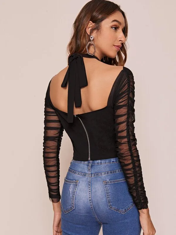 Tie Back Cut-out Ruched Mesh Sleeve Crop Top( Clearance sale