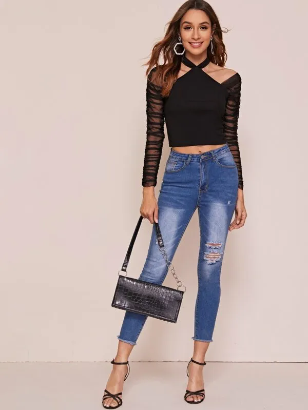 Tie Back Cut-out Ruched Mesh Sleeve Crop Top( Clearance sale