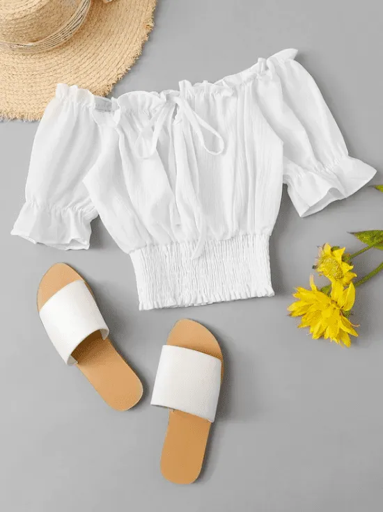 Tie Front Frill Bardot Shirred Crop Top( Clearance sale
