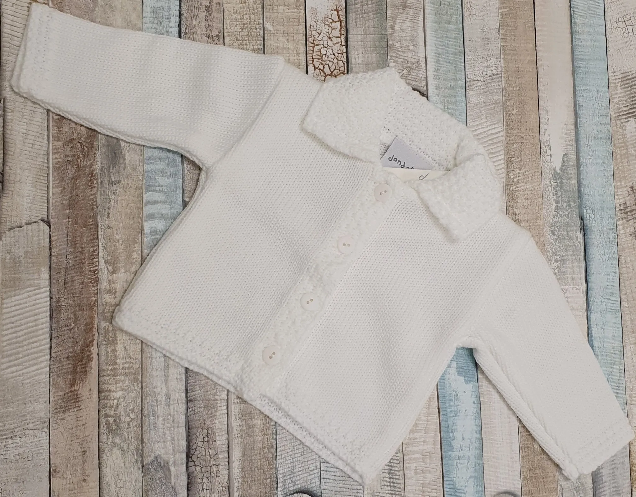 Unisex Baby White Knitted Cardigan With Collar