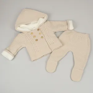 Unisex Beige Knitted Baby Outfit - Jacket with Hood