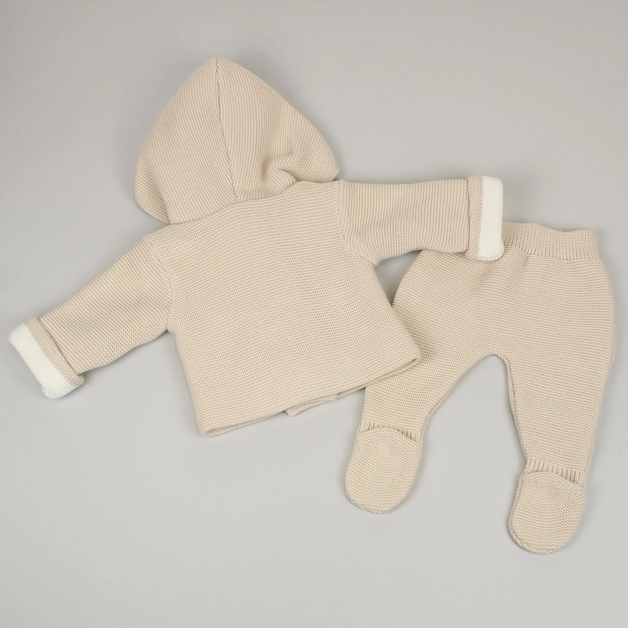 Unisex Beige Knitted Baby Outfit - Jacket with Hood