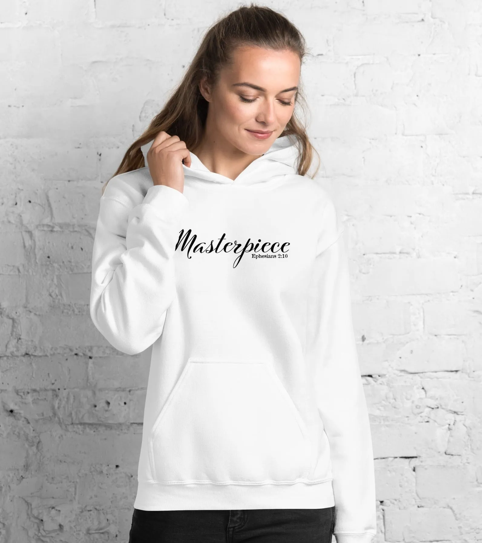 Unisex Christian Hoodie Masterpiece Black Print Bible Verse Ephesians 2:10