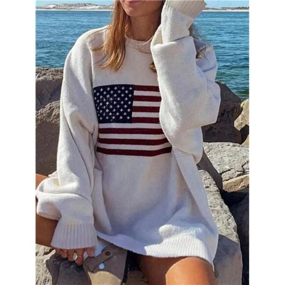 Usa Flag Design Drop Shoulder Sweater