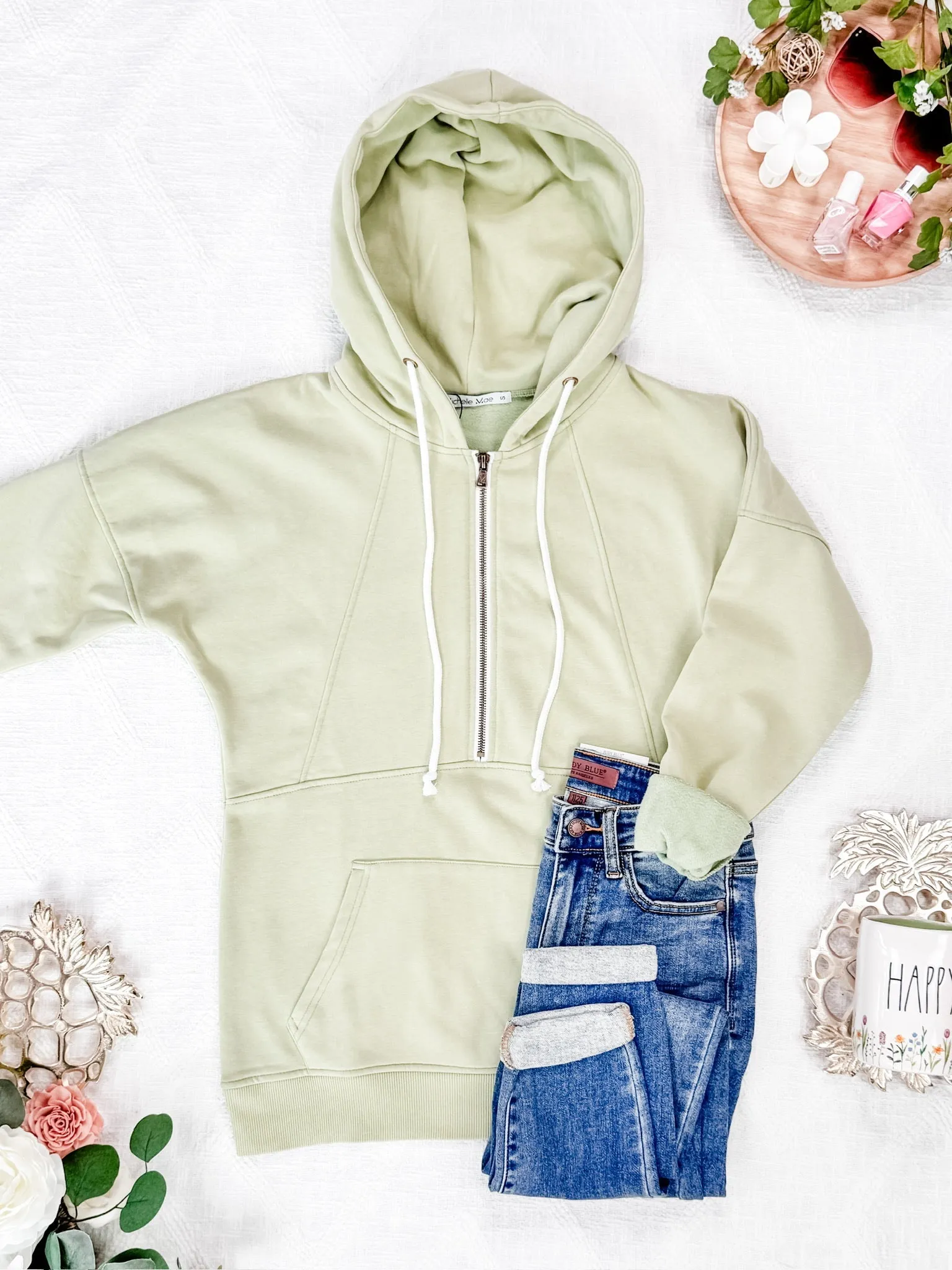 Vintage Wash HalfZip Hoodies - Tea Green