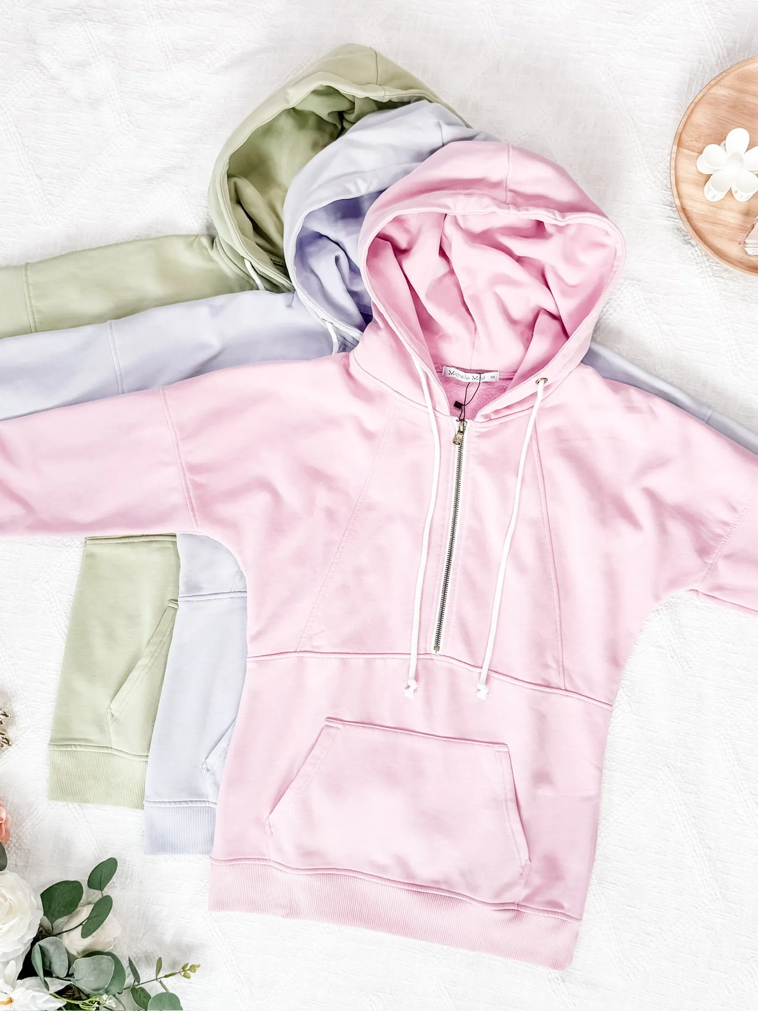 Vintage Wash HalfZip Hoodies - Tea Green