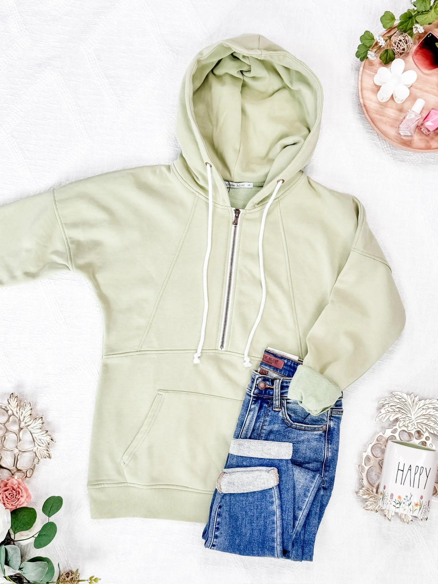 Vintage Wash HalfZip Hoodies - Tea Green