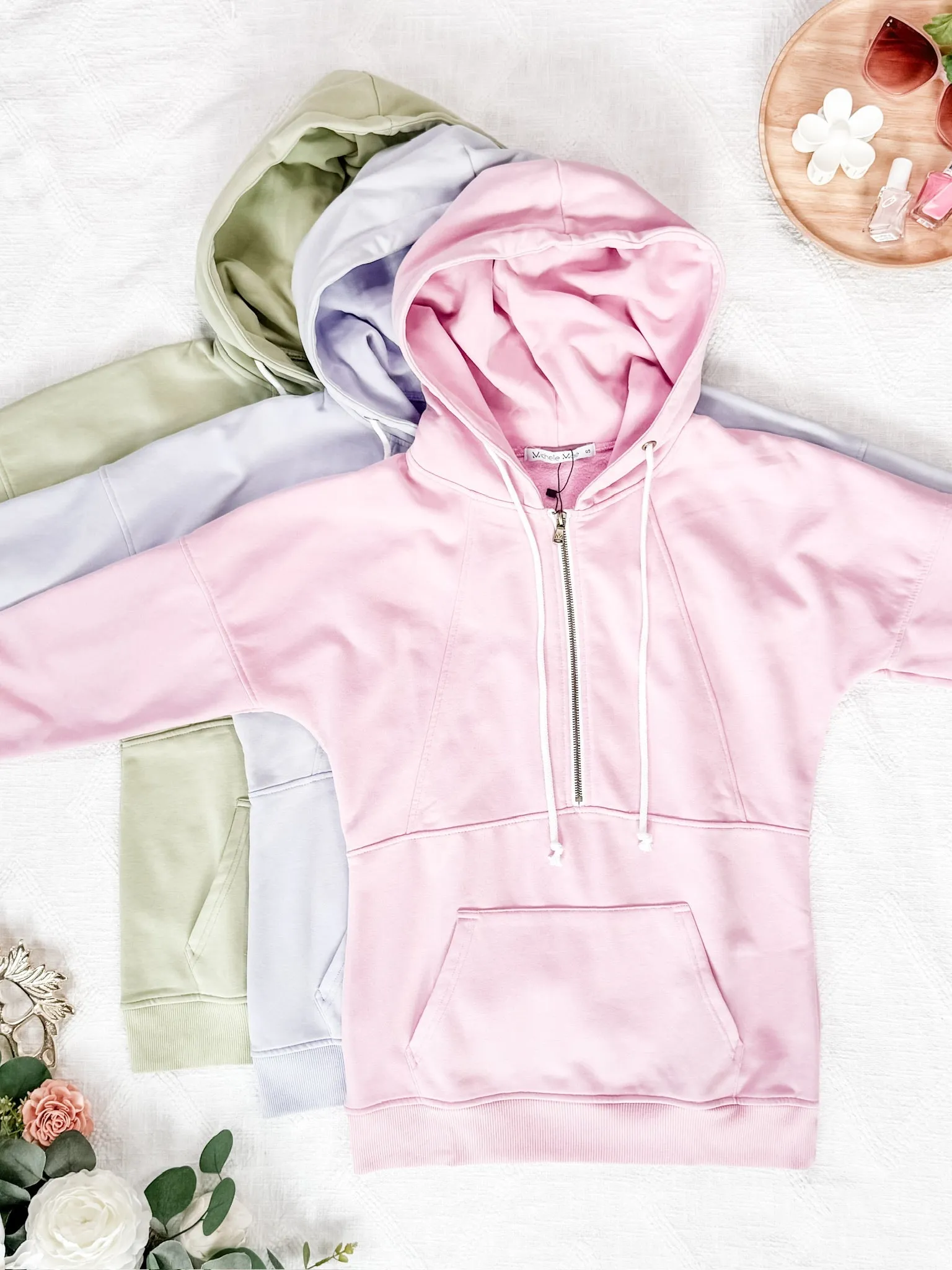 Vintage Wash HalfZip Hoodies - Tea Green