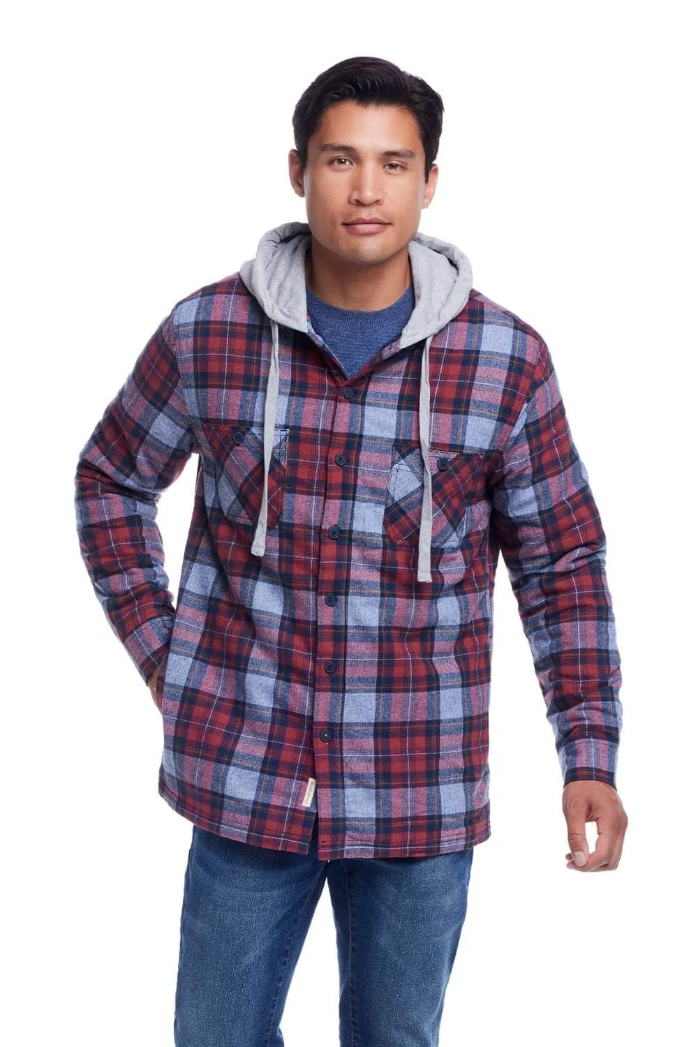 Weatherproof Vintage Sherpa Lined Hooded Shirt Jacket for Men in Brick Red | F245456GK-BRICKRED