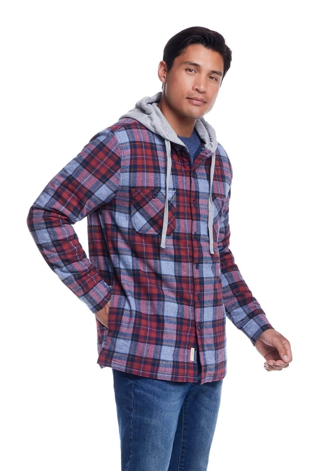 Weatherproof Vintage Sherpa Lined Hooded Shirt Jacket for Men in Brick Red | F245456GK-BRICKRED