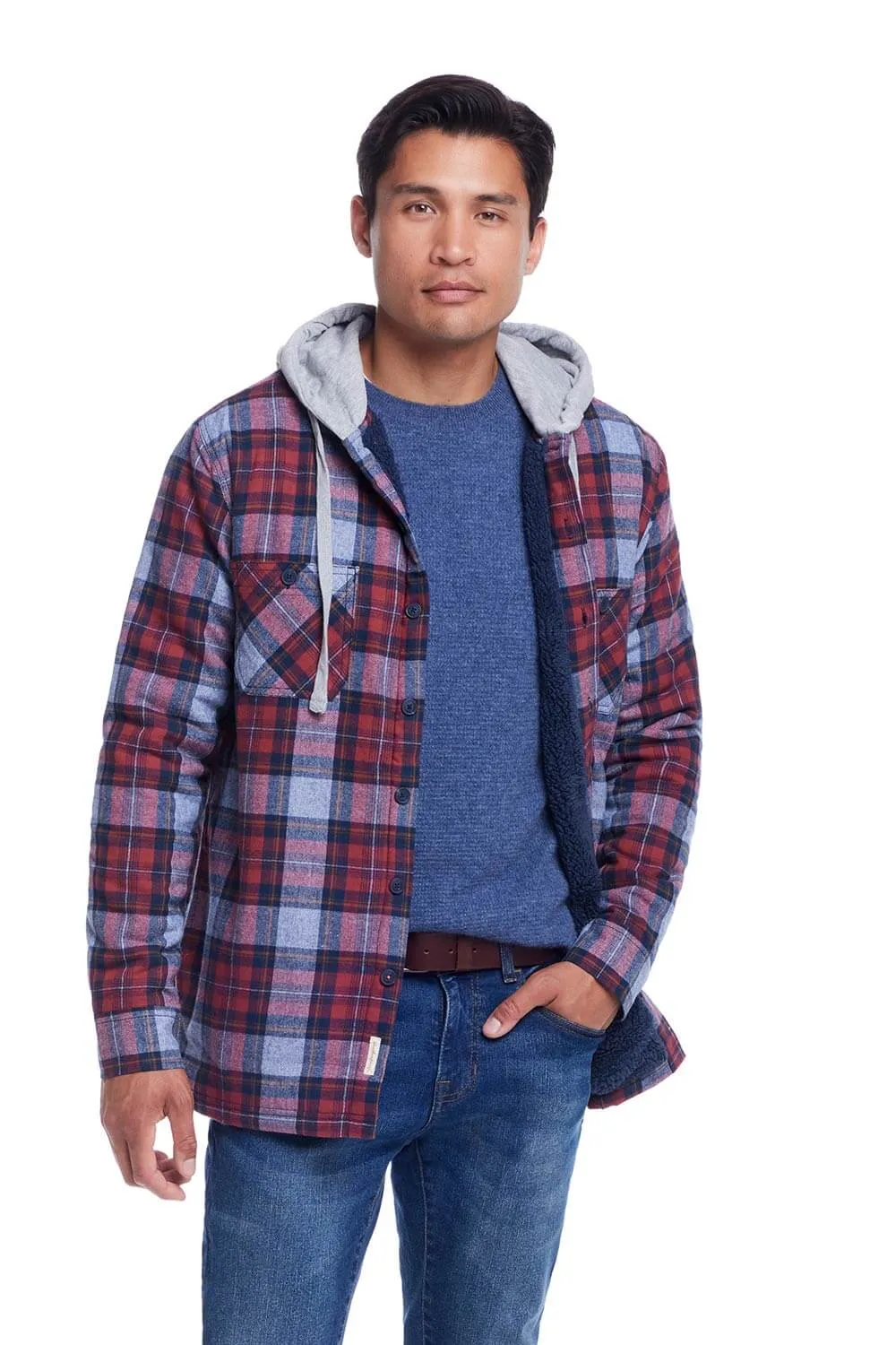 Weatherproof Vintage Sherpa Lined Hooded Shirt Jacket for Men in Brick Red | F245456GK-BRICKRED