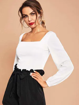 White Square Neck Solid Top