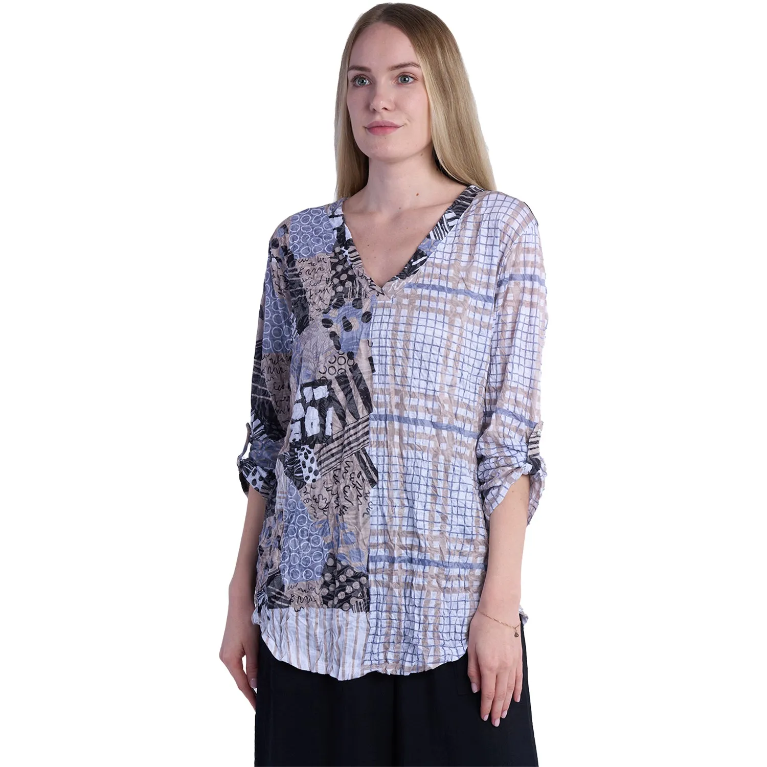 Women's Shana Apparel Crinkle Mix Media Top V-Neck Khaki Multi