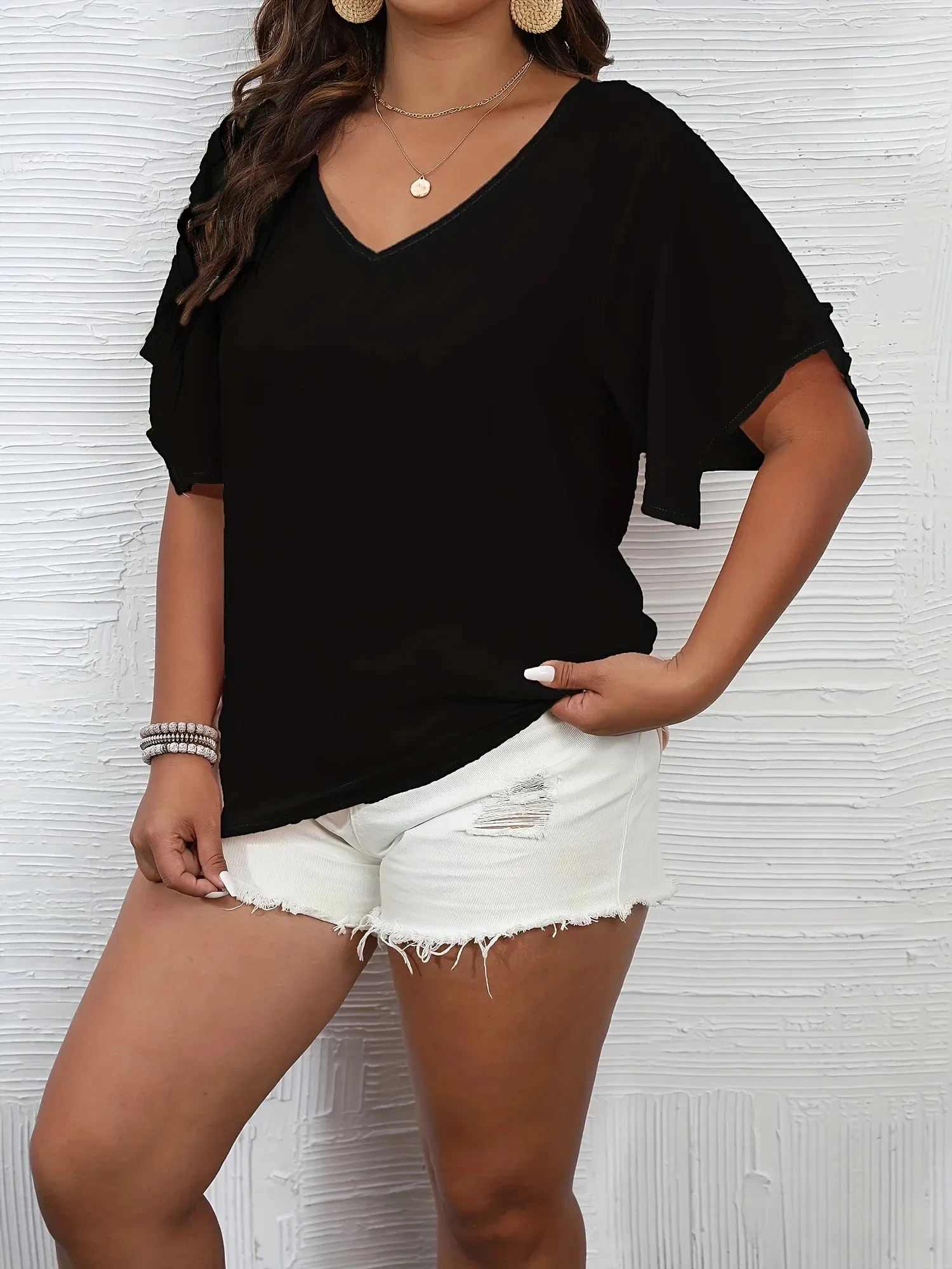 Women's T-shirt Solid Color V Neck Bell Sleeve Blouse Slight Stretch Casual Pullovers Shirt Top
