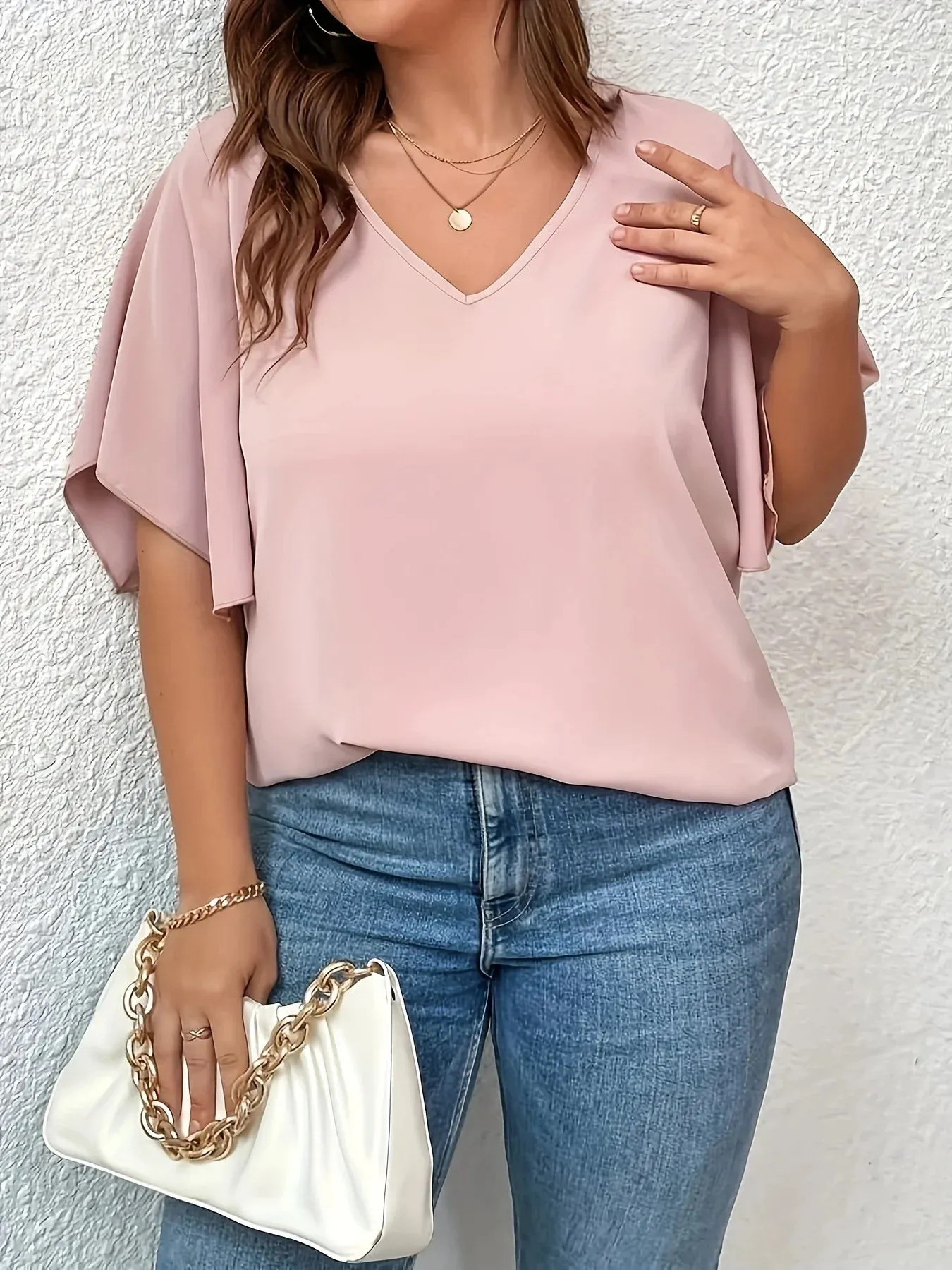 Women's T-shirt Solid Color V Neck Bell Sleeve Blouse Slight Stretch Casual Pullovers Shirt Top