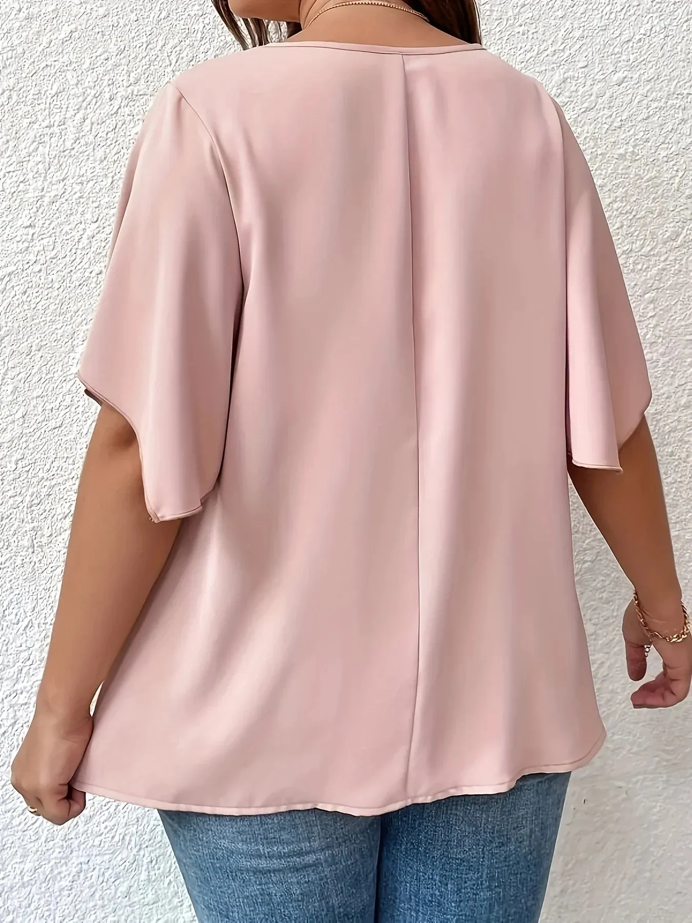 Women's T-shirt Solid Color V Neck Bell Sleeve Blouse Slight Stretch Casual Pullovers Shirt Top