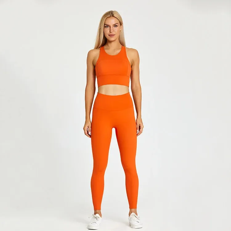 Women's Workout Outfit - 2 Piece Racerback Padded Crop Top Bra and High Waist Yoga Leggings