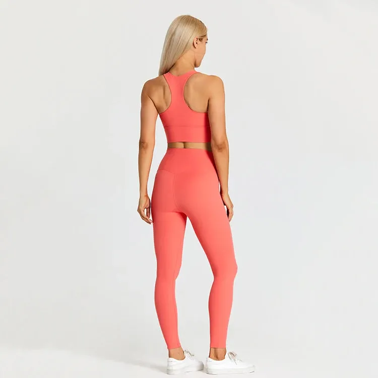 Women's Workout Outfit - 2 Piece Racerback Padded Crop Top Bra and High Waist Yoga Leggings