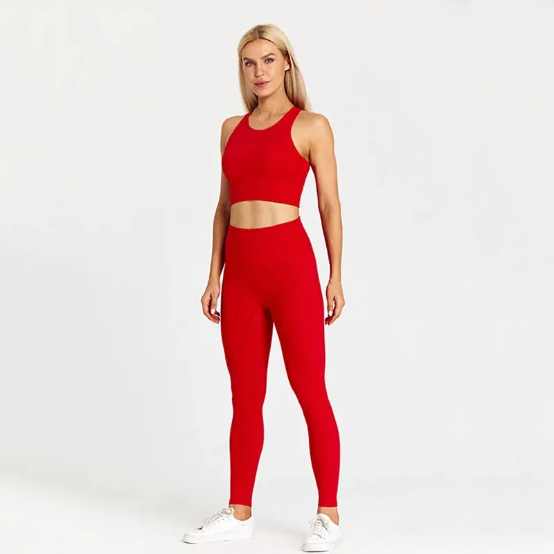 Women's Workout Outfit - 2 Piece Racerback Padded Crop Top Bra and High Waist Yoga Leggings
