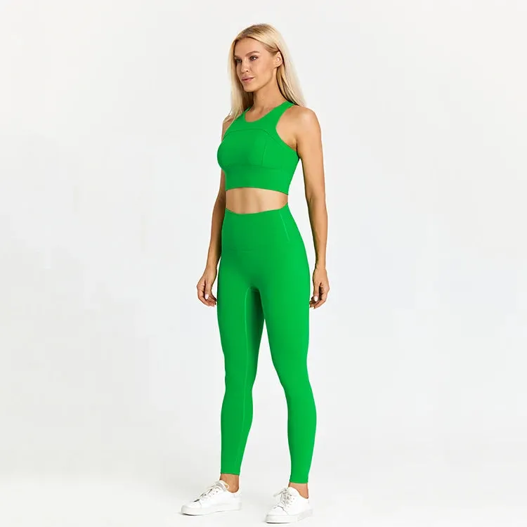 Women's Workout Outfit - 2 Piece Racerback Padded Crop Top Bra and High Waist Yoga Leggings