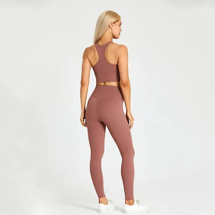 Women's Workout Outfit - 2 Piece Racerback Padded Crop Top Bra and High Waist Yoga Leggings