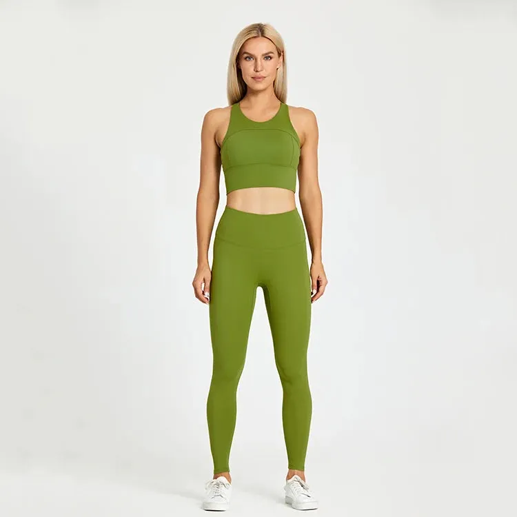 Women's Workout Outfit - 2 Piece Racerback Padded Crop Top Bra and High Waist Yoga Leggings