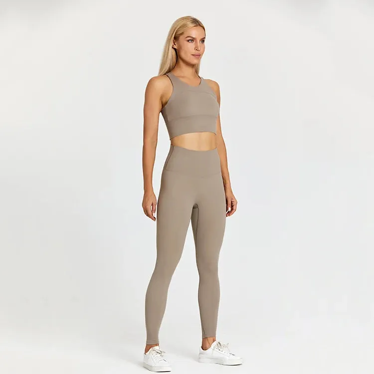 Women's Workout Outfit - 2 Piece Racerback Padded Crop Top Bra and High Waist Yoga Leggings