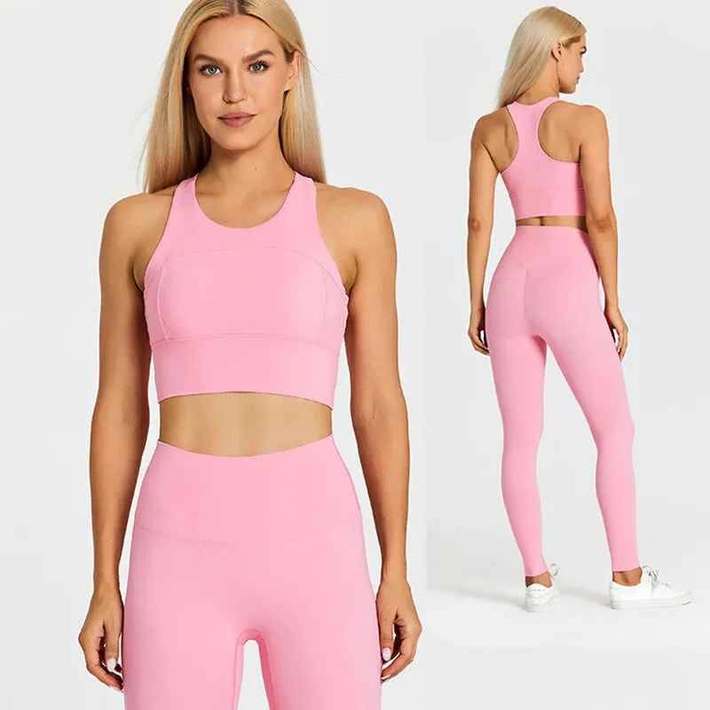 Women's Workout Outfit - 2 Piece Racerback Padded Crop Top Bra and High Waist Yoga Leggings
